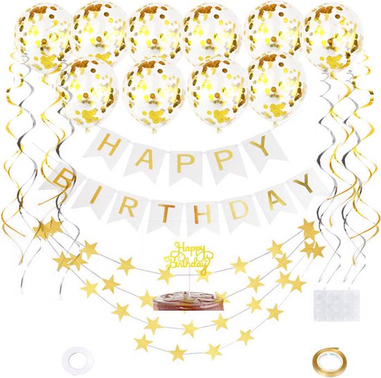 Joya Party® Verjaardag Slinger Wit & Goud met Papieren Confetti Ballonnen | Feest Decoratie | Happy Birthday Slinger