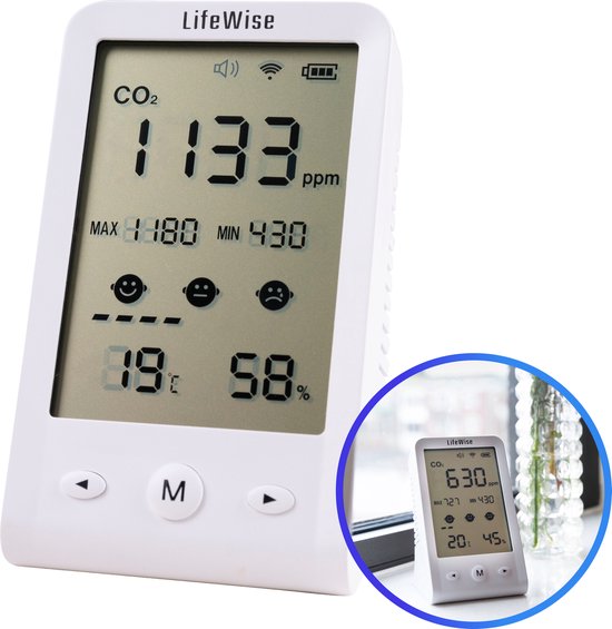 LifeWise CO2 Meter - Luchtkwaliteitsmeter - Hygrometer en Thermometer - Draagbaar en Oplaadbaar - Zelfkalibrerende NDIR Sensor
