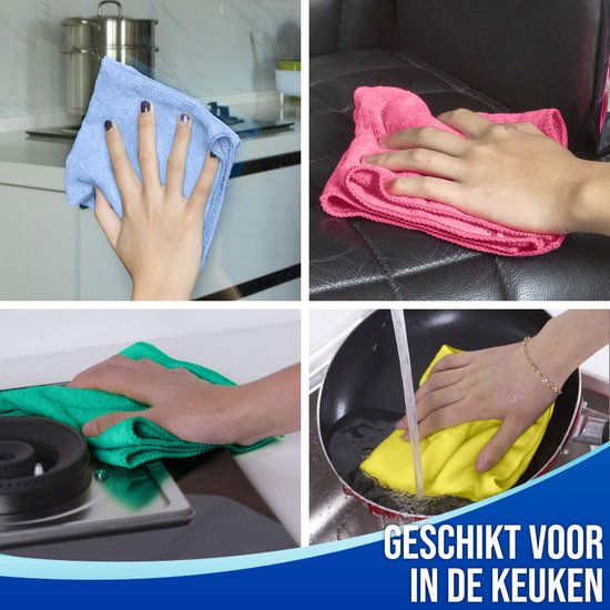 Quatre images montrent l'utilisation de chiffons en microfibre : une main dans une cuisine, une main sur un canapé, une main sur une cuisinière, et une main rinçant une poêle. Texte : 'ADAPTÉ POUR LA CUISINE'.