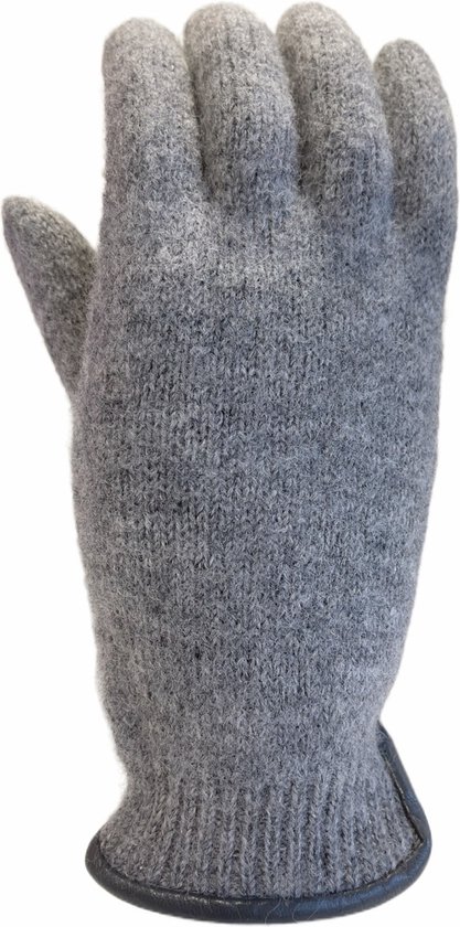 Handschoenen dames van 100% wol en met echt leren randje lichtgrijs (XL)