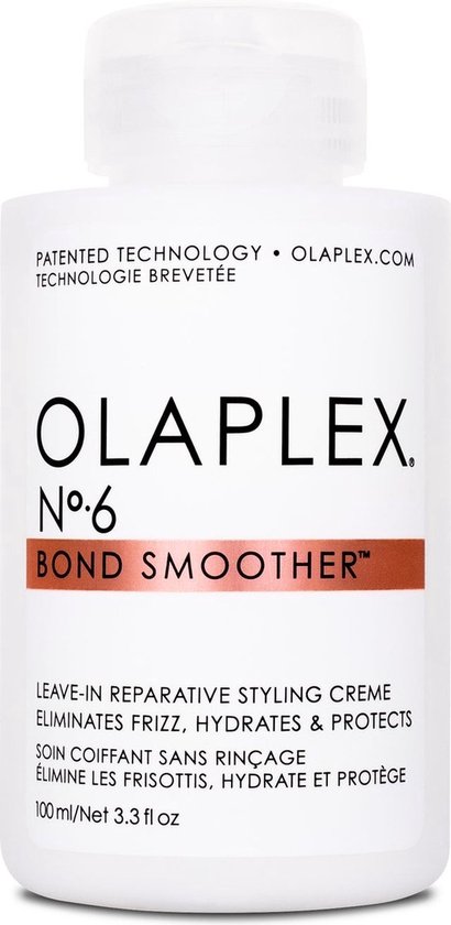 Witte OLAPLEX No.6 BOND SMOOTHER fles met koperkleurige band en tekst.