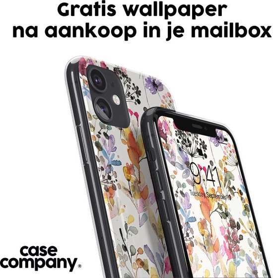 Telefoonhoesjes met een aquarel bloemen- en graspatroon, waarvan één op een telefoon wordt getoond met het bijpassende behang op het scherm.
