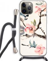 Case Company® - Hoesje met koord geschikt voor iPhone 12 Pro Max hoesje met Koord - Japanse bloemen - Telefoonhoesje met Zwart Koord - Extra Bescherming aan alle Kanten en Over de Schermrand