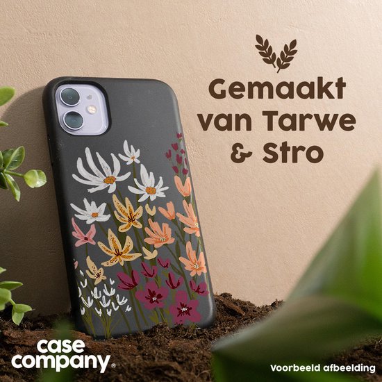 Zwarte telefoonhoes met schilderkunstige bloemenprint, gemaakt van tarwe en stro.
