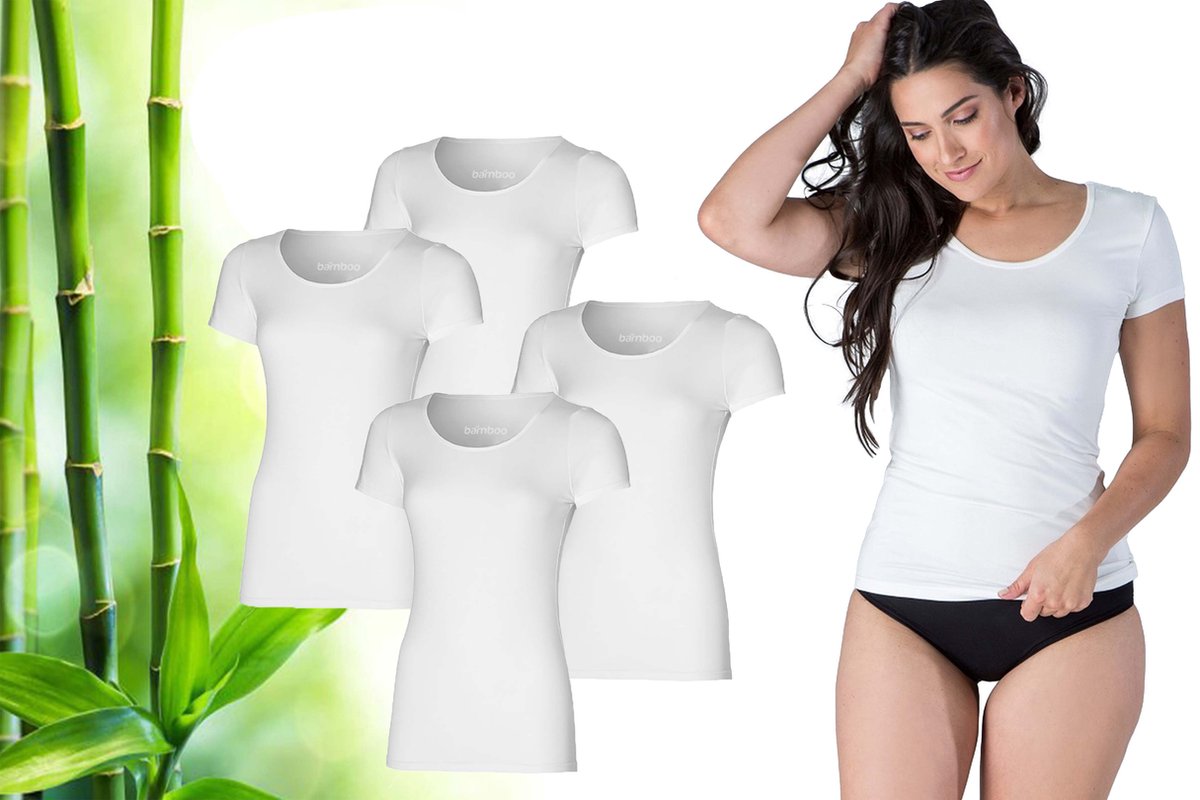 Bamboo Elements - T Shirt Dames - Bamboe - Ronde Hals - 4 Stuks - Wit - L - Anti Zweet Shirt Dames - Bamboe Ondershirt - Onderhemd Dames Shirts Korte Mouw - Extra Lang