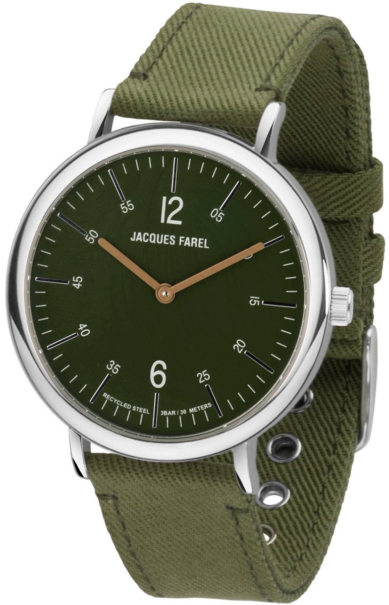 JACQUES FAREL hayfield - Horloge Duurzaam - Analoog - Vegan Lycocell - Groen - Unisex - Gerecycled Staal - Verstelbaar bandje 16 - 21 cm - 3 Bar waterdicht - ORS 1177