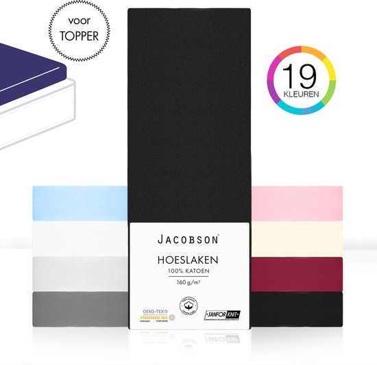 Jacobson - Hoeslaken Topper – 100% Jersey Katoen – 200x200 cm – Zwart
