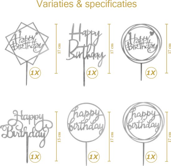 Zes zilverkleurige 'Happy Birthday' taarttoppers in verschillende ontwerpen: geometrisch, sierlijk, rond met hartjes en cirkelvormig. Afmetingen 13 en 17 cm.