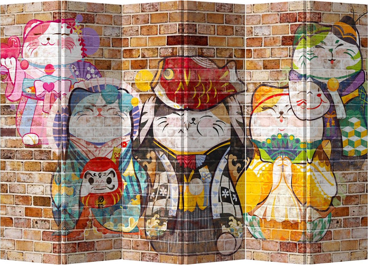Fine Asianliving Kamerscherm Scheidingswand B240xH180cm 6 Panelen Lucky Cats multi