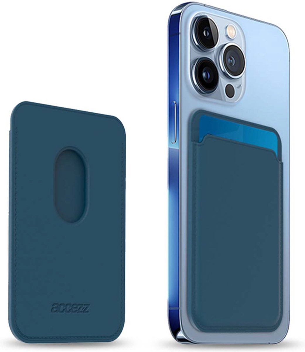 Accezz Lederen Magnetische Kaarthouder - Voor de iPhone 12 & 13 - Pasjeshouder Telefoon - Donkerblauw
