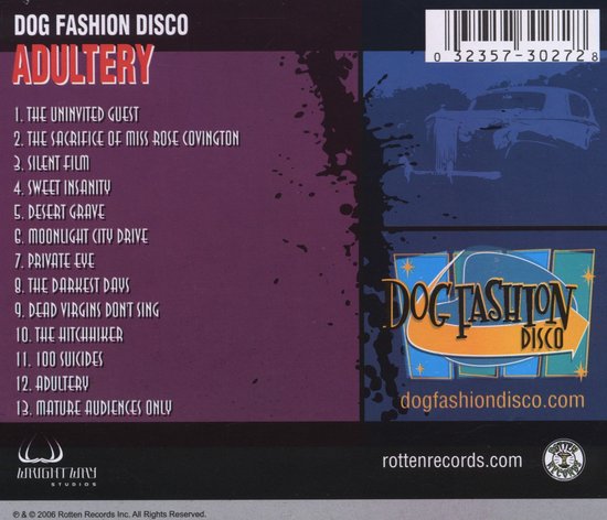 Achterkant albumhoes. Tracklist: THE UNINVITED GUEST, THE SACRIFICE OF MISS ROSE COVINGTON, SILENT FILM, SWEET INSANITY, DESERT GRAVE, MOONLIGHT CITY DRIVE, PRIVATE EYE, THE DARKEST DAYS, DEAD VIRGINS DONT SING, THE HITCHHIKER, 100 SUICIDES, ADULTERY, MATURE AUDIENCES ONLY.