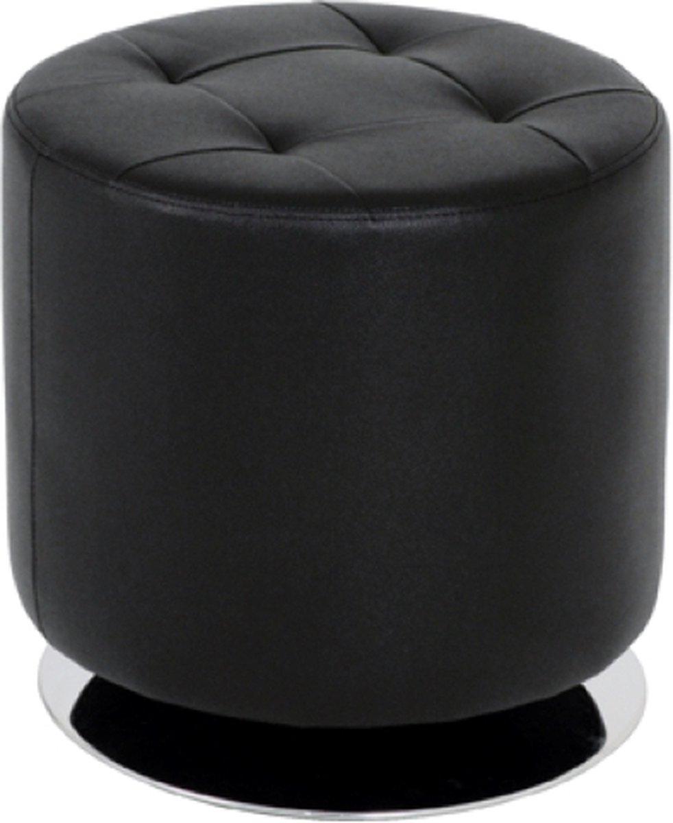 Poef – Zwart kunstleer met chroom voet – Draaibare ronde hocker – 40 cm hoog, 40 cm breed, 40 cm diep