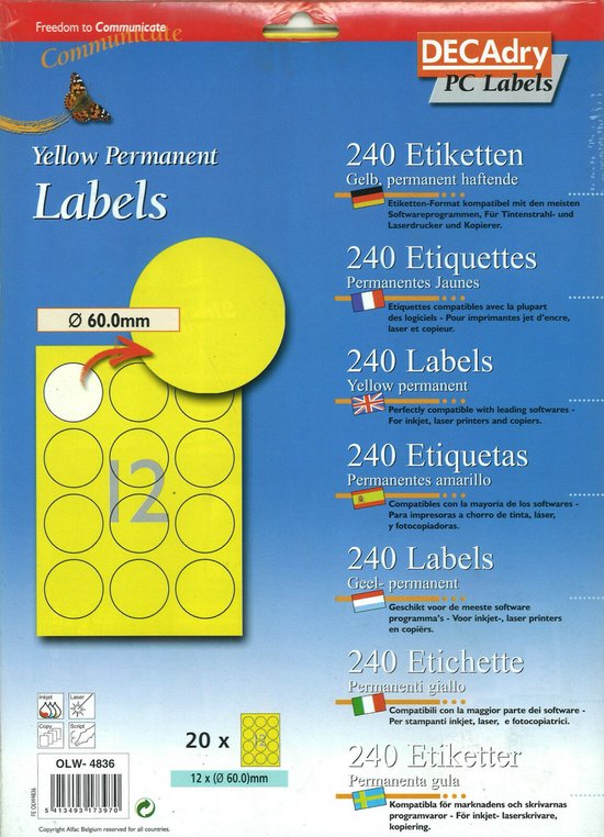 Decadry Étiquettes / Etiquettes Jaune ronde 60mm | bol