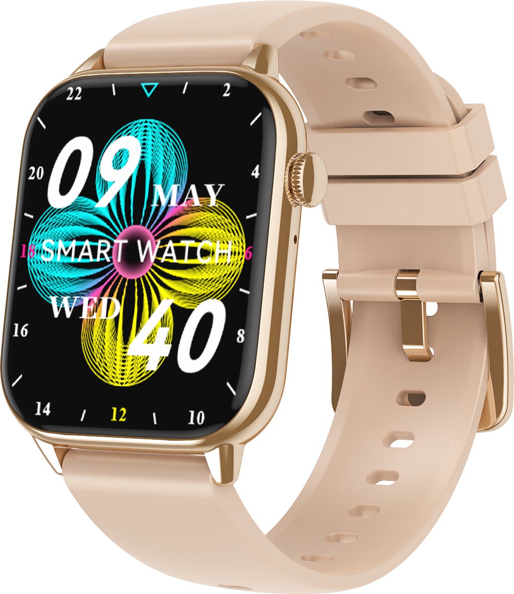 Belesy® HIMALAYA - Smartwatch Heren – Smartwatch Dames - Horloge – Stappenteller – Calorieën - Hartslag – Sporten - Je eigen foto als wijzerplaat - Kleurenscherm - Full Touch - Bluetooth Bellen – Goud – Silicone – Roze - Moederdag