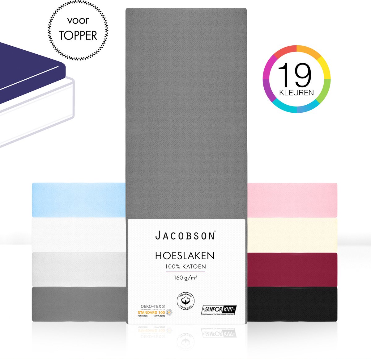 Jacobson - Hoeslaken Topper – 100% Jersey Katoen – 180x200 cm – Antraciet
