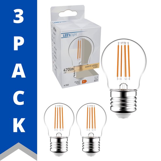 ProLong LED Filament Lamp E27 - Kogel Ø 4.5 cm - Transparant - 4.5W (40W) - Warm wit - 3 lampen