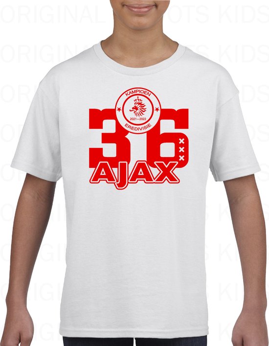 AJAX KAMPIOEN Uniseks Kids T-Shirt - Wit - Maat 92 - 1 | 2 jaar - Korte  mouwen - Ronde... | bol.com