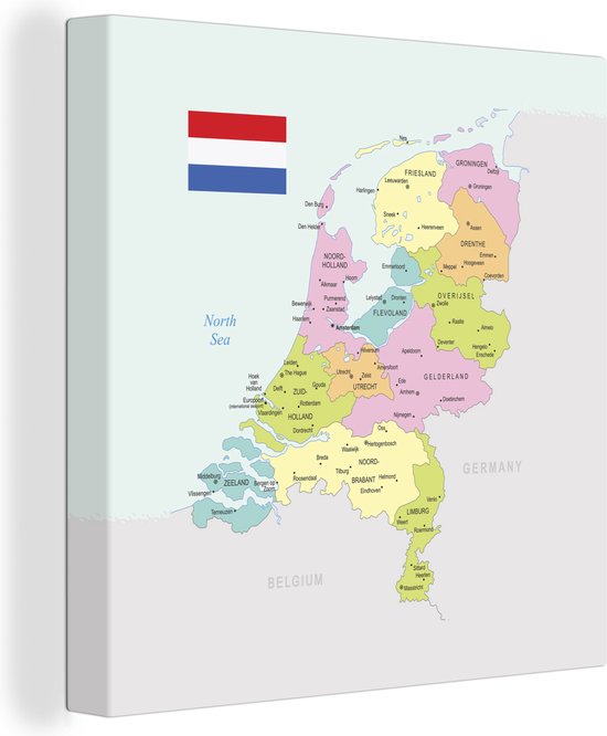 Canvas Schilderij Kaart - Nederland - Nederlandse vlag - Wanddecoratie