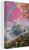 Canvas Schilderij Een illustratie van een regenboog op een roze achtergrond - 80x120 cm - Wanddecoratie