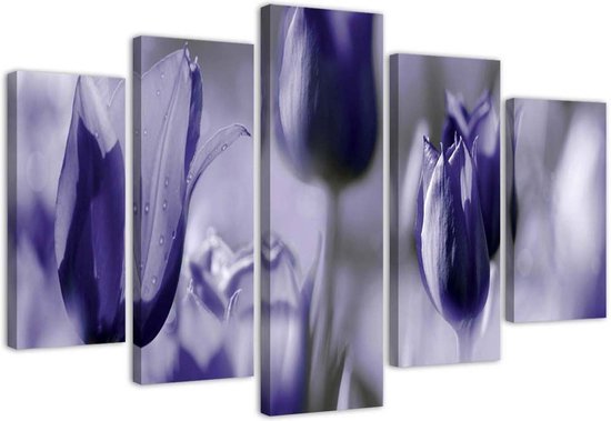 Trend24 - Canvas Schilderij - Paarse Tulpen Op Een Weide - Vijfluik - Bloemen - 150x100x2 cm - Paars