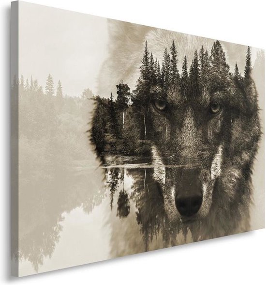 Trend24 - Canvas Schilderij - Wolf Op Een Bos Achtergrond - Bruin - Schilderijen - Dieren - 90x60x2 cm - Bruin
