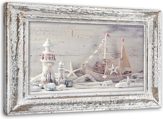 Trend24 - Canvas Schilderij - Souvenirs Aan Zee In Een Houten Frame Shabby Chic - Schilderijen - Nog Steeds Natuur - 120x80x2 cm - Beige