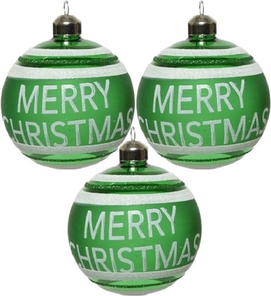 3x Groene glazen kerstballen Merry Christmas 8 cm - Groene kerstballen kerstversiering van glas