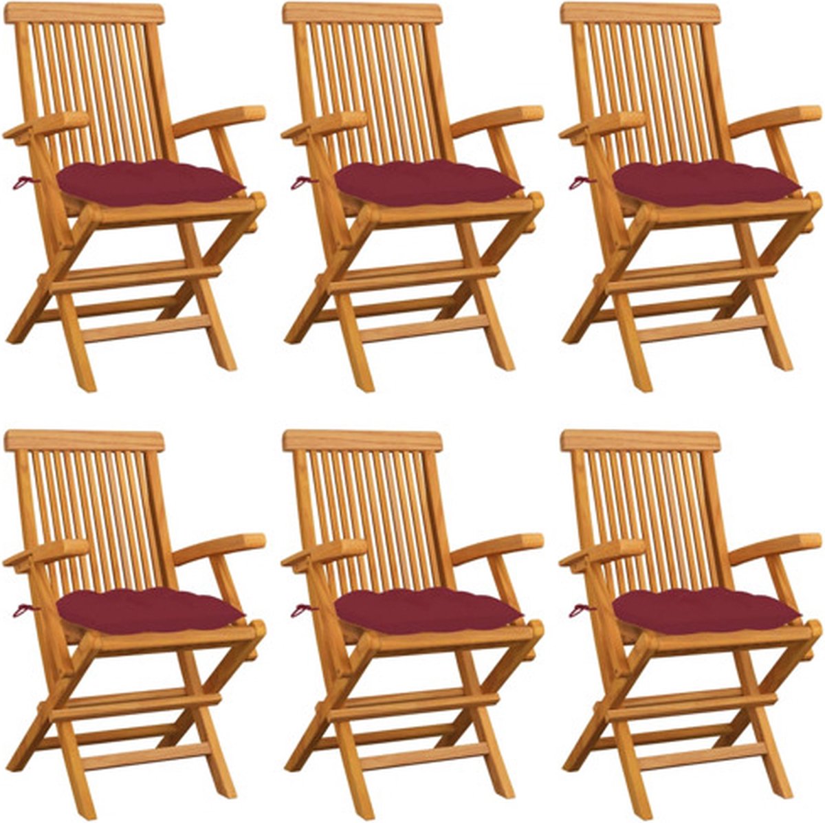 vidaXL - Tuinstoelen - 6 - st - met - wijnrode - kussens - massief - teakhout