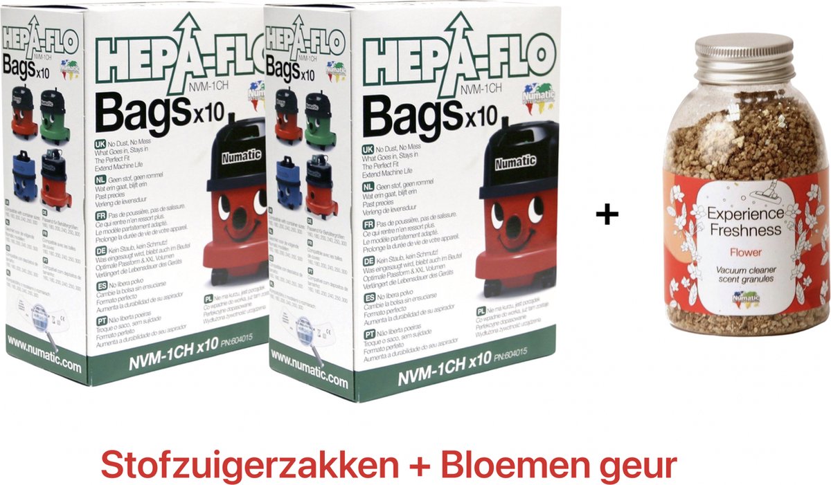 Numatic - 2x Stofzuigerzakken + 1x Geurkorrels (bloemen geur) - Hepa flo bags - Voor Henry/Hetty - NVM 1CH X10 - COMBIDEAL