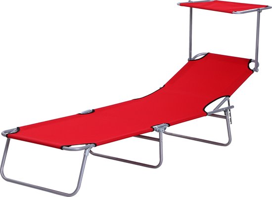 Rood ligbed met zonnedak, geïsoleerd op een witte achtergrond.