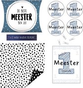 Meester Cadeau Leuk Inpakken | Inpakset 12-delig Met Kaart | Blauw Wit Zwart | Cadeaupapier Inpakpapier | Cadeaustickers