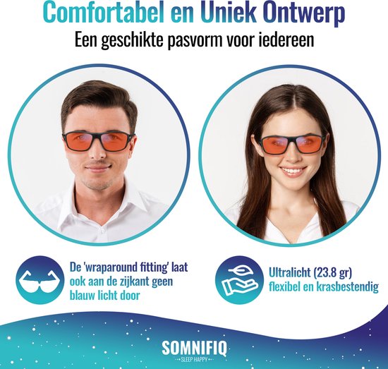 Man en vrouw dragen de zwarte bril met oranje glazen. 'Wraparound fitting' en 'Ultralicht' worden benadrukt.
