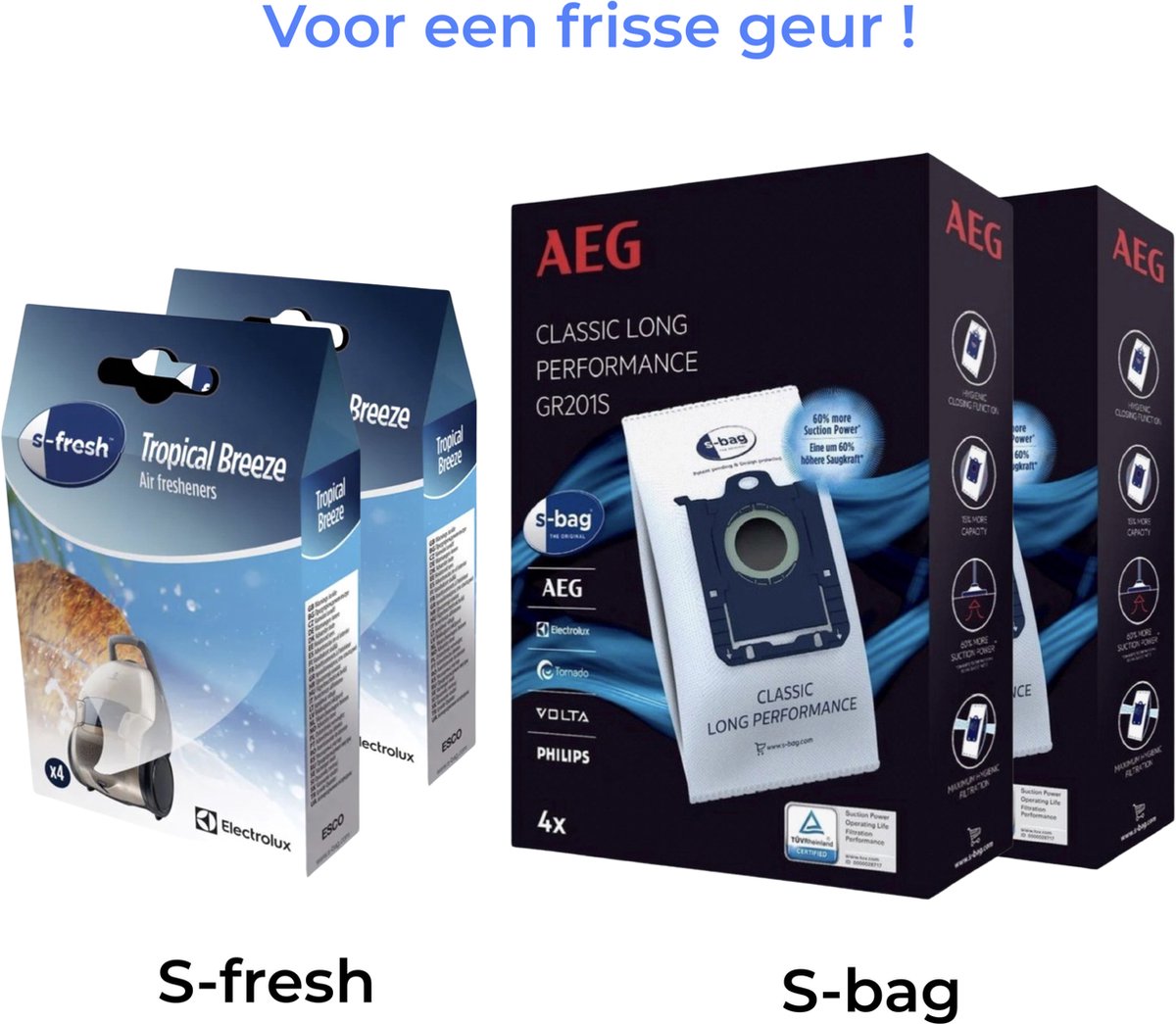 AEG - 2x S-BAG stofzuigerzakken + 2x S-FRESH Geurkorrels (tropical breeze) - Air fresheners - Geurparels - Voor Stofzuigers - COMBIDEAL