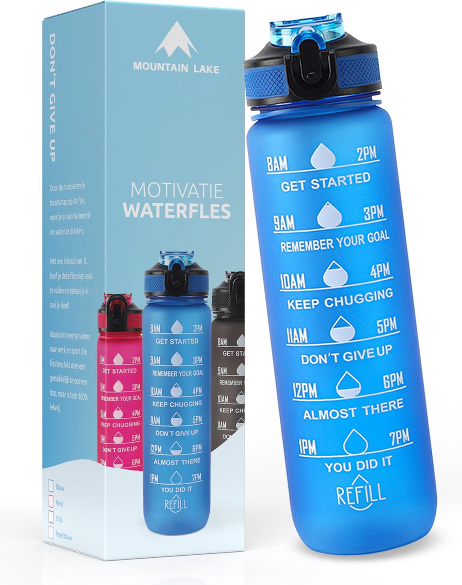 Mountain Lake™ Motivatie Waterfles – Motiverende Drinkfles met Tijdmarkering – Drinkbeker met Rietje - Bidon Volwassenen - 1 Liter
