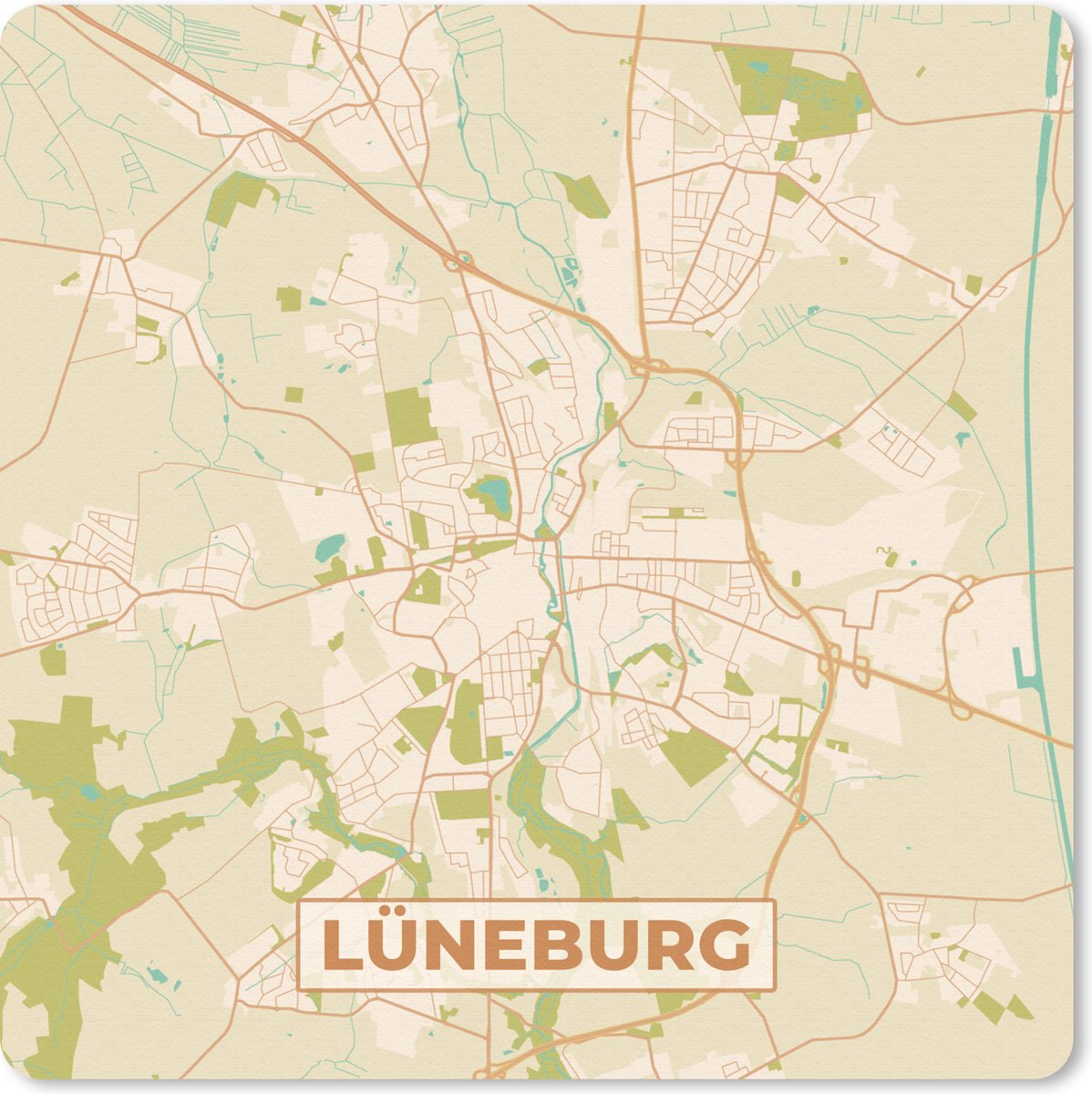 Muismat 30x30 cm - Mousepad Lüneburg - Plattegrond - Vintage - Kaart - Stadskaart - Muismatten - Stadskaart