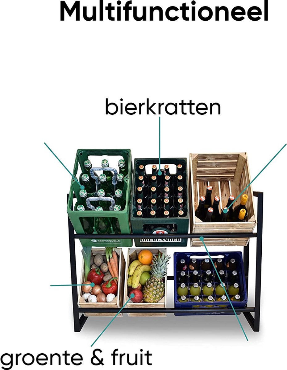 Rumy Krattenrek voor 6 Kratten Zwart - Opbergrek met haken - Stellingkast voor in de