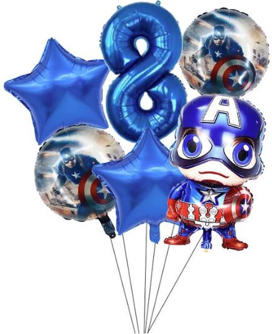 Captain America folie ballon -ballonnen set van 6 - Marvel Avengers - verjaardag -thema - kinderfeest -superhelden - getal - 8 jaar