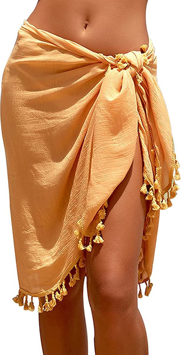 ASTRADAVI Pareo- Sarong met Franjes - Dames Beachwear Omslagdoek - Kleur Mosterdgeel