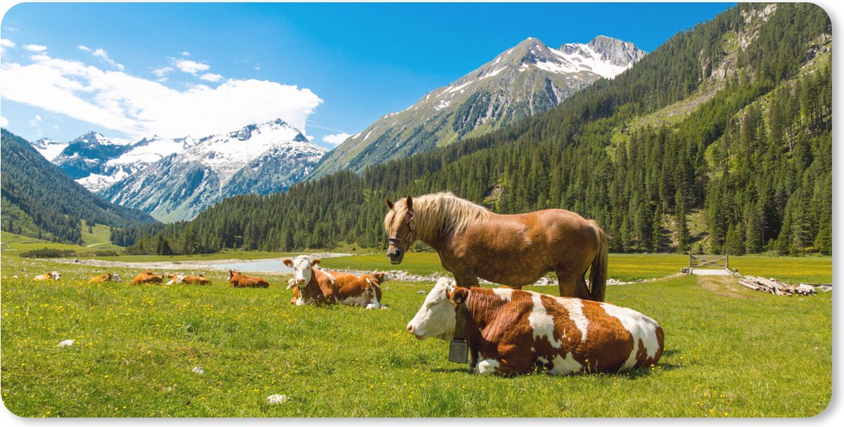 Muismat XXL - Bureau onderlegger - Bureau mat - Koeien - Paarden - Alpen - 80x40 cm - XXL muismat