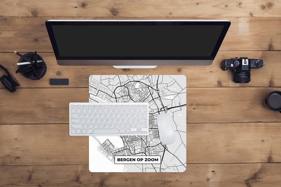 Muismat XXL 40x40 cm - Bureau onderlegger - Bureau mat Stadskaart - Bergen op Zoom - Grijs - Wit - Bureaumat - Gaming mousepad xl - Bureaulegger groot - Computer deskmat