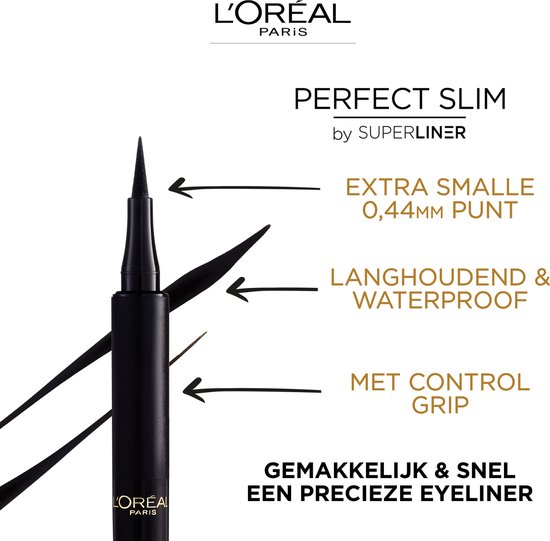 Illustratie van de L'Oréal Paris Perfect Slim by Superliner eyeliner met pijlen die wijzen naar de smalle punt, waterdichte formule en grip.