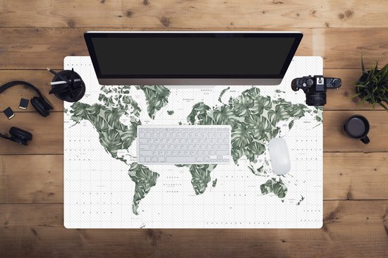 Tapis de souris XXL - Sous-main - Tapis de bureau - Wereldkaart - Feuilles - Tropical - 90x60 cm - Tapis de souris XXL