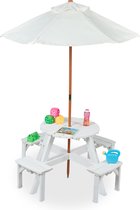 Relaxdays kinderpicknicktafel met parasol - kindertafel en stoeltjes buiten - kindermeubel