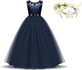 Communie jurk Bruidsmeisjes jurk bruidsjurk donker blauw 116-122 (120) prinsessen jurk feestjurk meisje + bloemenkrans