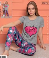Pyjama- Huispak 2-delig- Pyjama dames volwassenen- Vrijetijdskleding- Fashion Home&Sleep Wear 15876- Grijs/Donkerblauw bloemenprint- Maat L
