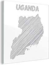 Glasschilderij - Zwart-wit tekening van Oeganda met grijze strepen - 20x20 cm - Acrylglas Schilderijen - Foto op Glas