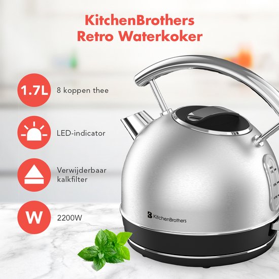KitchenBrothers Elektrische Waterkoker - Retro - 1,7 L - LED-indicator - 2200W - RVS - Zilver