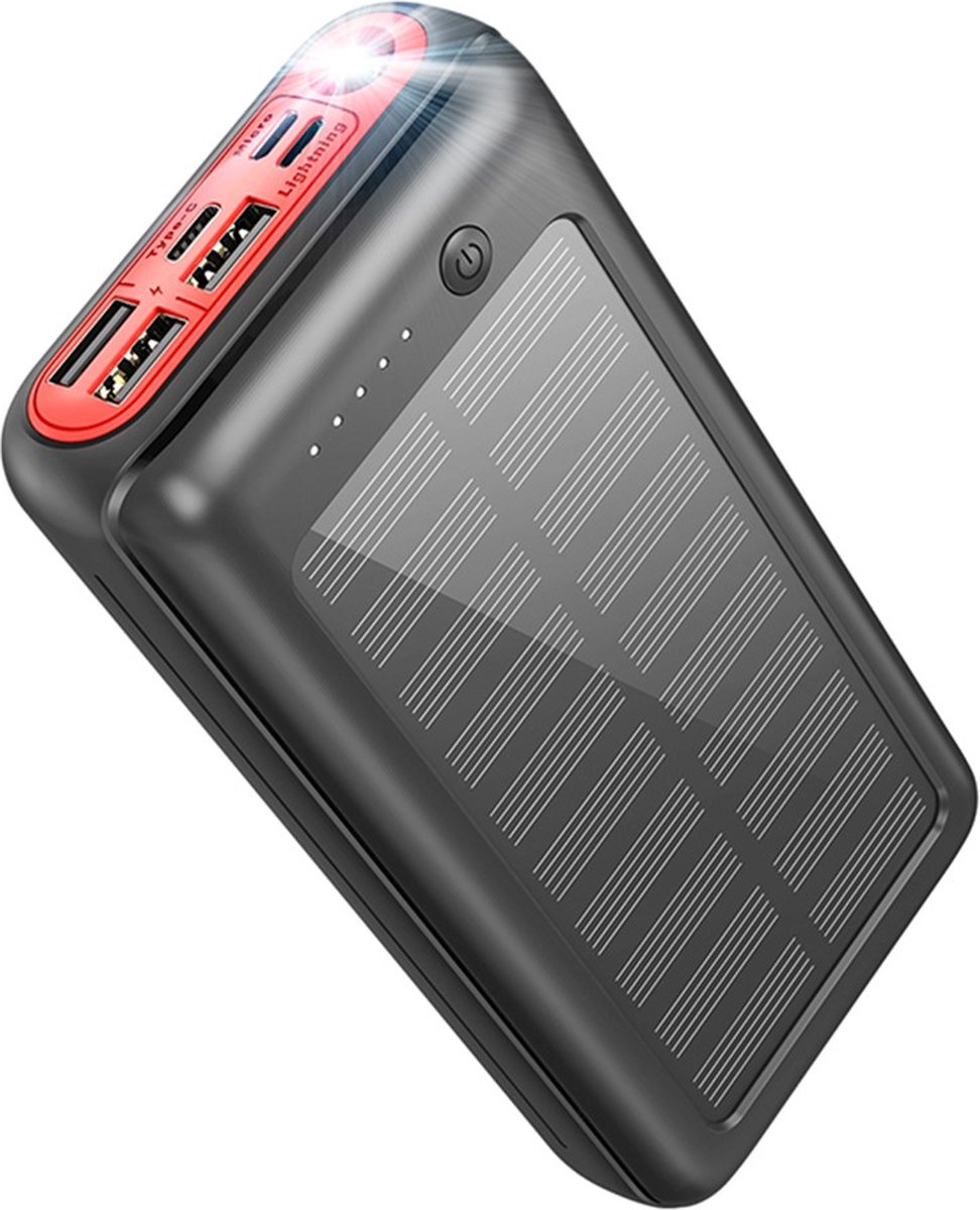 Thunderz® Powerbank 30000 mAh - Quick Charge 3.0 - Powerbank iPhone & Android - Zonne-energie| USB-C| Lightning| Micro - Power bank - LED indicator - Zaklamp