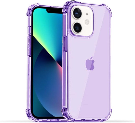 Paars doorzichtig siliconen hoesje met verhoogde randen voor de camera, getoond op een iPhone 12.