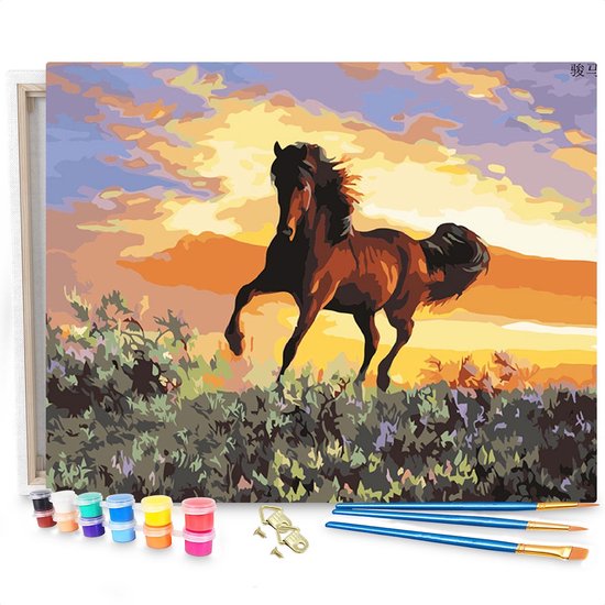 Kit de peinture par numéro d'un cheval brun dans un champ au coucher du soleil, avec pots de peinture, pinceaux et accessoires de suspension.